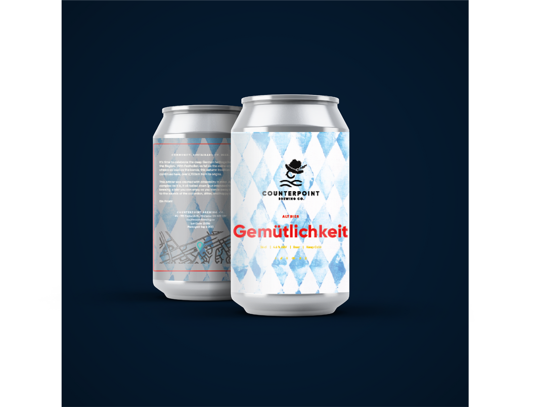 a beer can mock up with an oktoberfest hat on the Counterpoint logo, and the beer name Gemutlichkeit